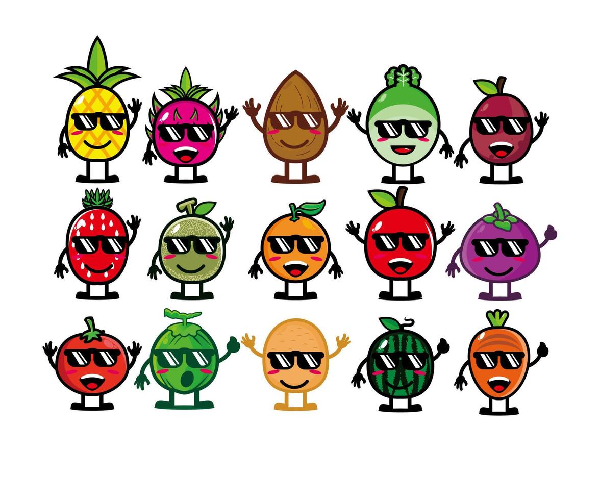 lindo feliz sonriente divertido conjunto de colección de frutas y verduras. ilustración de personaje de dibujos animados de estilo plano vectorial. aislado sobre fondo blanco vector