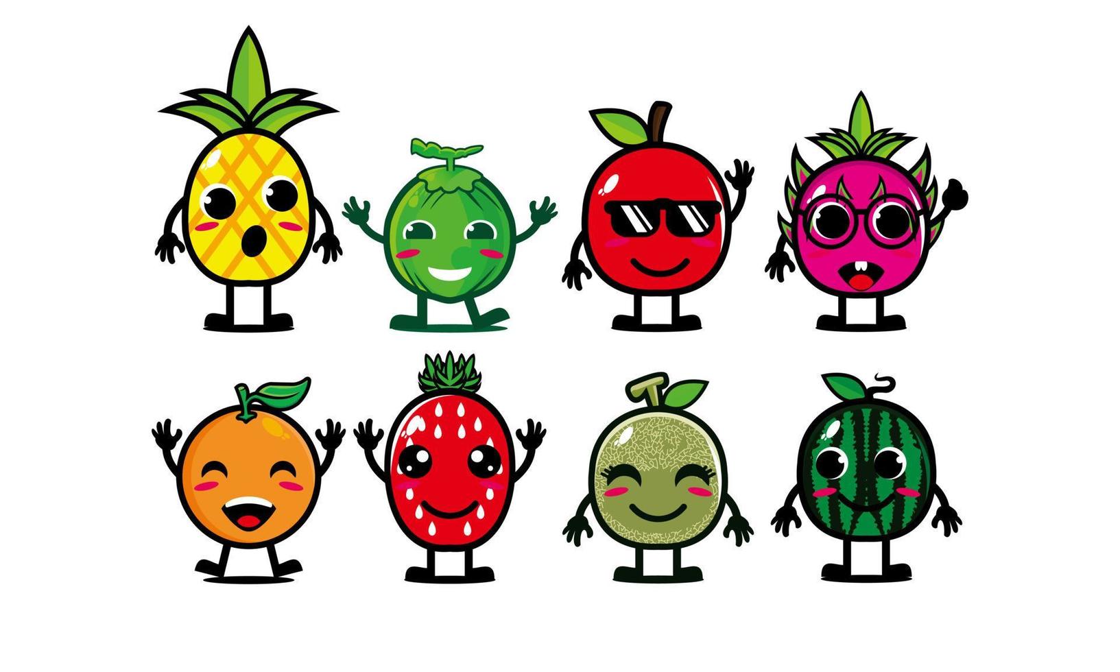 feliz lindo conjunto de cara de fruta sonriente. colección de ilustraciones de personajes de dibujos animados kawaii planos vectoriales. concepto de conjunto de emoji de colección de frutas de carácter lindo vector