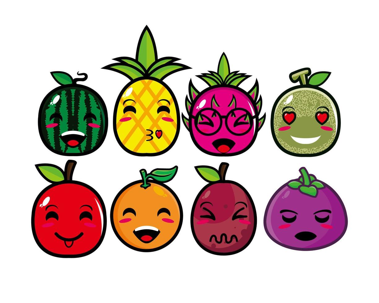 feliz lindo conjunto de cara de fruta sonriente. colección de ilustraciones de personajes de dibujos animados kawaii planos vectoriales. concepto de conjunto de emoji de colección de frutas de carácter lindo vector