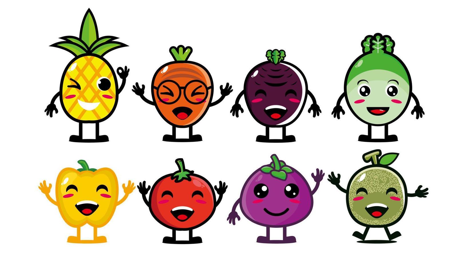 lindo feliz sonriente divertido conjunto de colección de frutas y verduras. ilustración de personaje de dibujos animados de estilo plano vectorial. aislado sobre fondo blanco vector