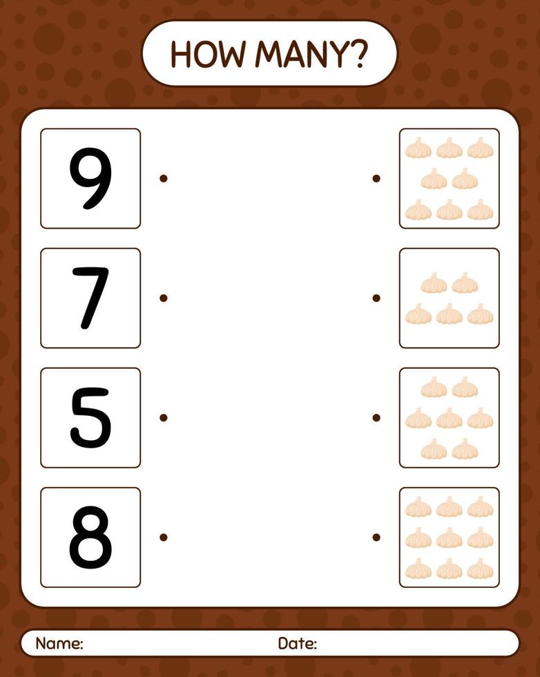 How many counting game with garlic. worksheet for preschool kids, kids activity sheet, printable worksheet vector