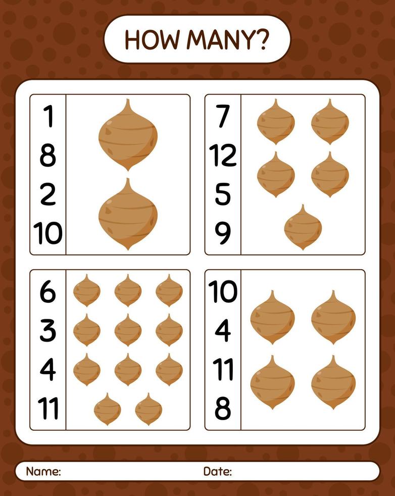 How many counting game with jicama. worksheet for preschool kids, kids activity sheet, printable worksheet vector