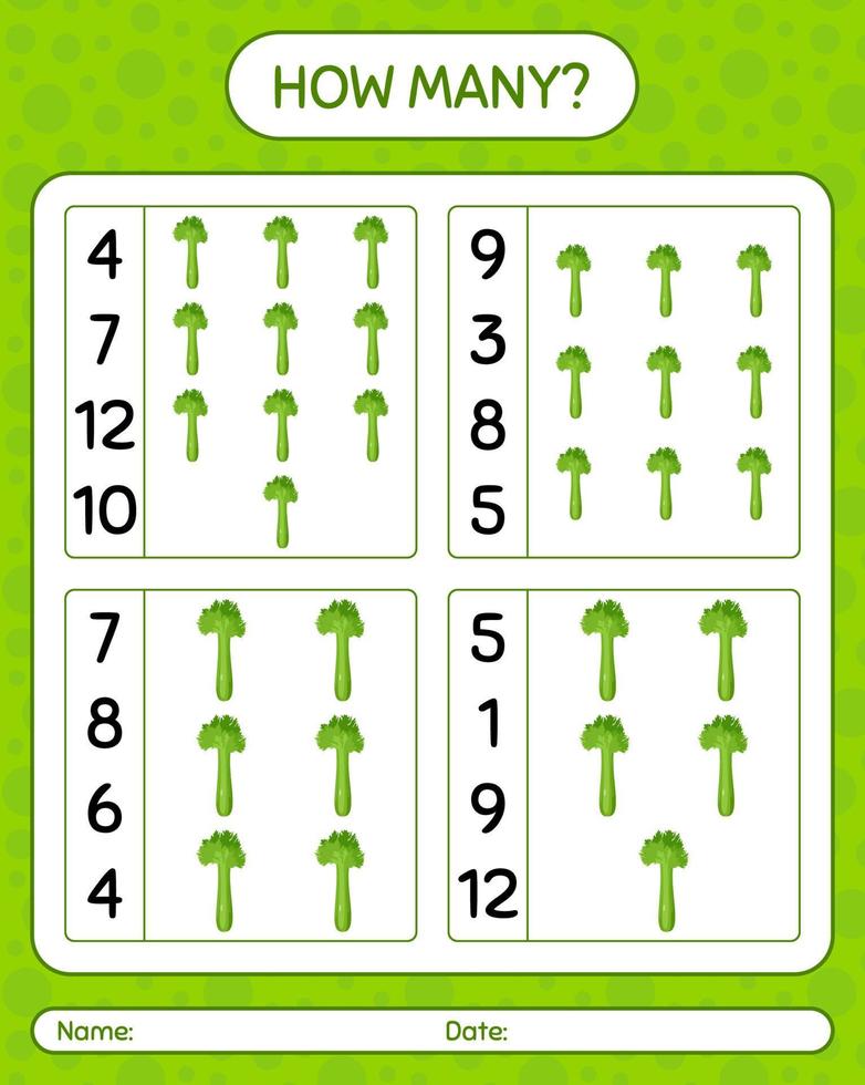 How many counting game with celery. worksheet for preschool kids, kids activity sheet, printable worksheet vector