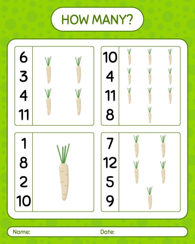 How many counting game with hamburg parsley. worksheet for preschool kids, kids activity sheet, printable worksheet vector