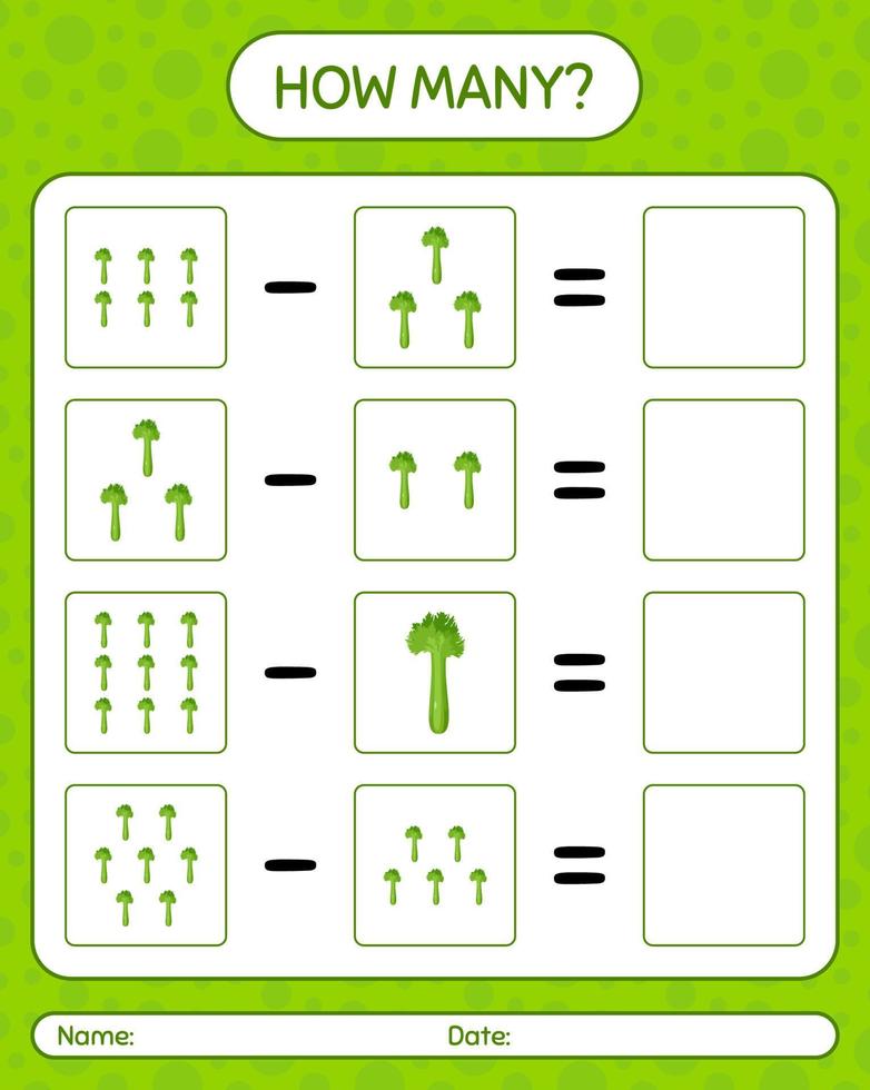 How many counting game with celery. worksheet for preschool kids, kids activity sheet, printable worksheet vector