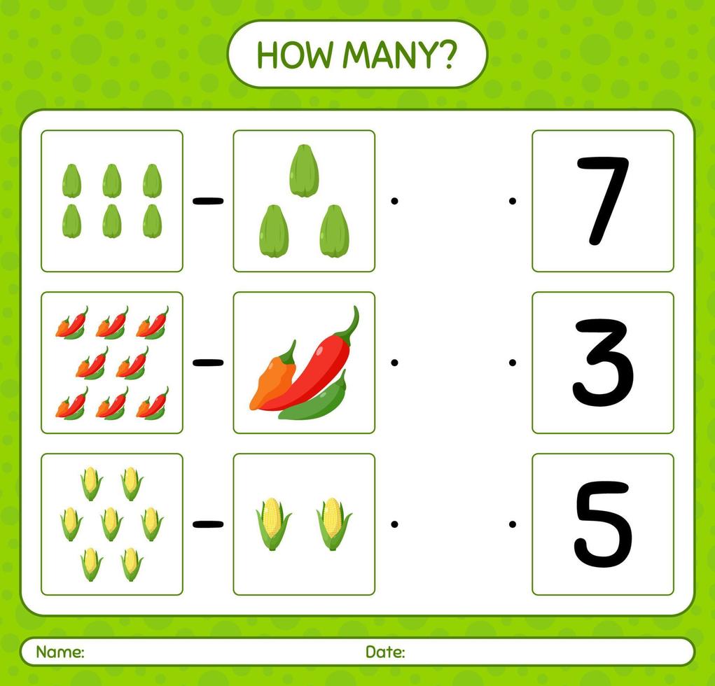 How many counting game with vegetables. worksheet for preschool kids, kids activity sheet, printable worksheet vector