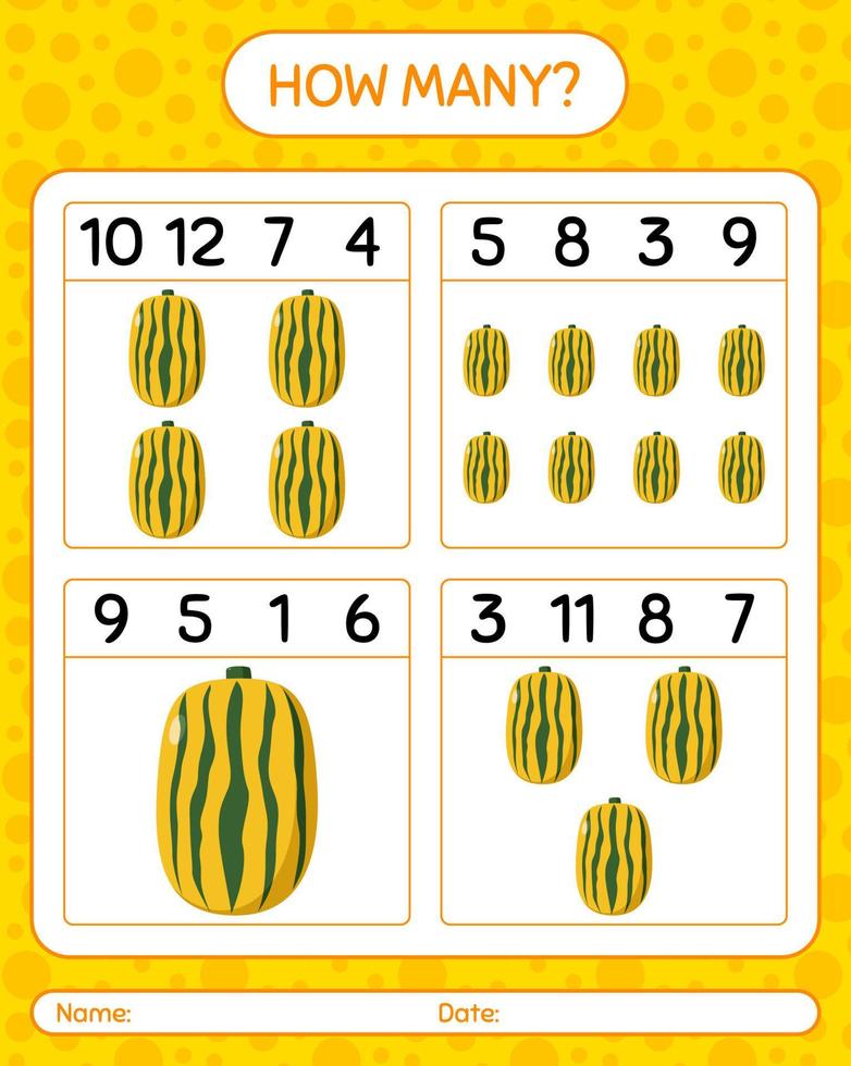 How many counting game with delicata squash. worksheet for preschool kids, kids activity sheet, printable worksheet vector