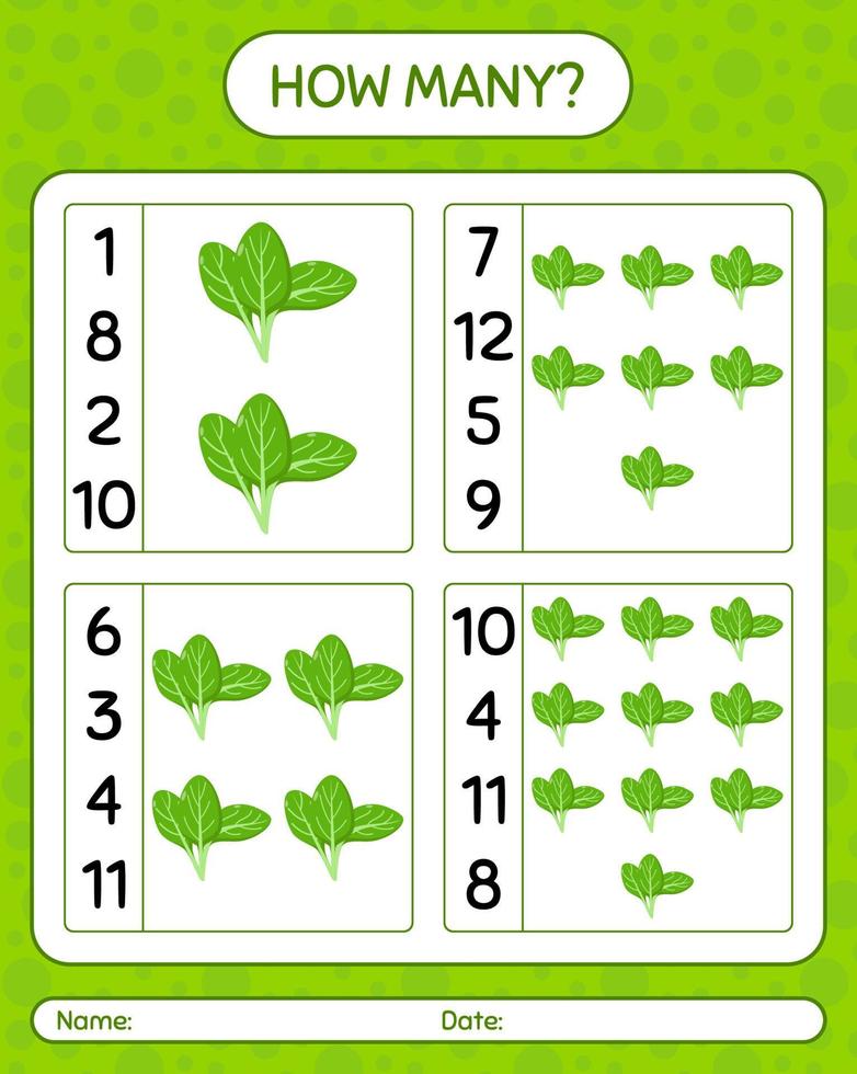 How many counting game with spinach. worksheet for preschool kids, kids activity sheet, printable worksheet vector