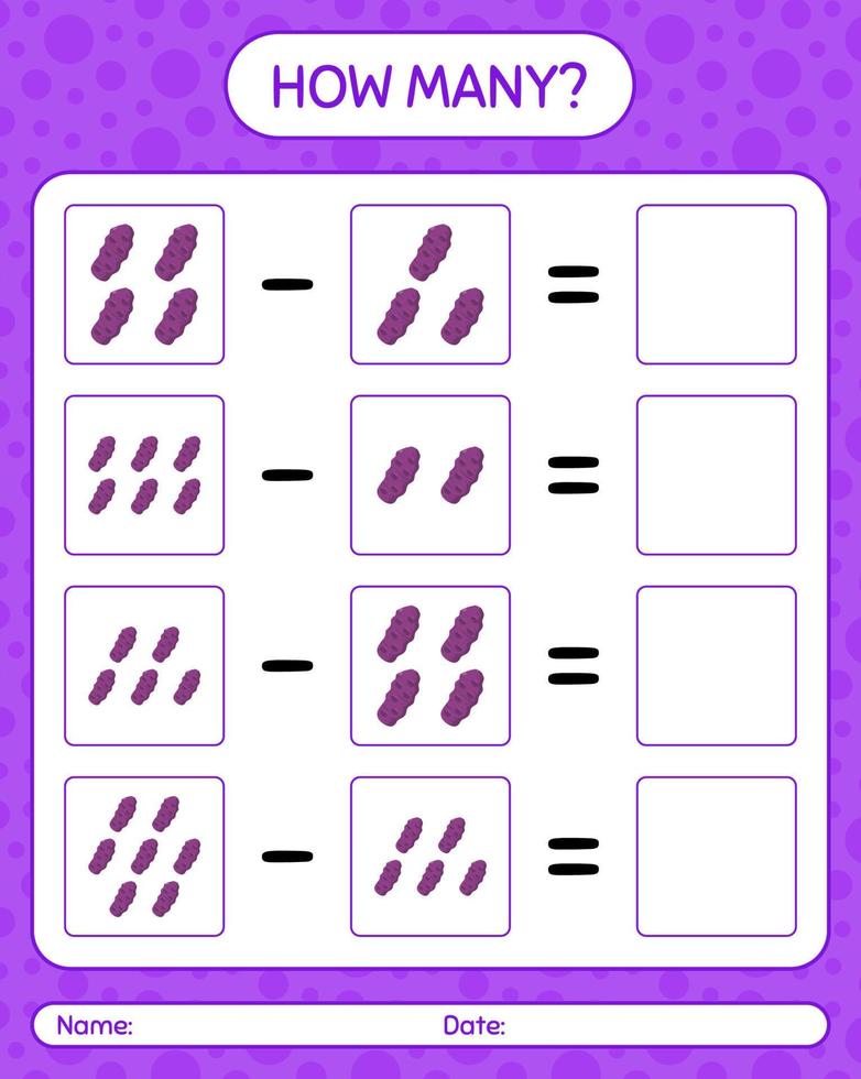 How many counting game with purple taewa. worksheet for preschool kids, kids activity sheet, printable worksheet vector