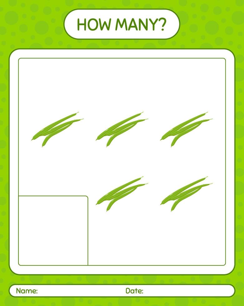 How many counting game with green bean. worksheet for preschool kids, kids activity sheet, printable worksheet vector