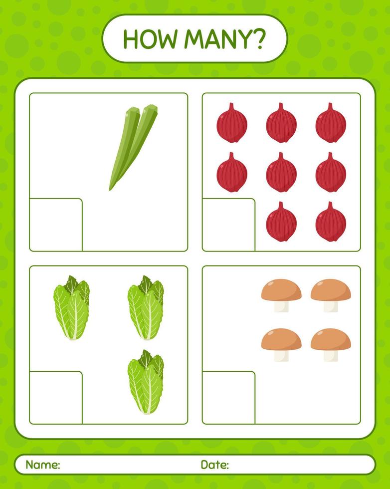How many counting game with vegetables. worksheet for preschool kids, kids activity sheet, printable worksheet vector