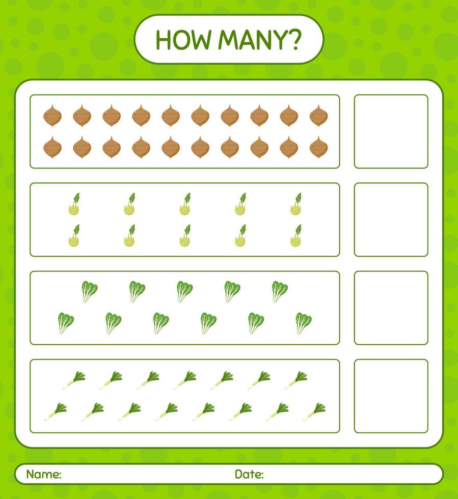 How many counting game with vegetables. worksheet for preschool kids, kids activity sheet, printable worksheet vector