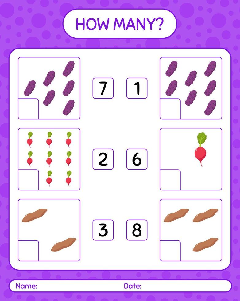 How many counting game with vegetables. worksheet for preschool kids, kids activity sheet, printable worksheet vector