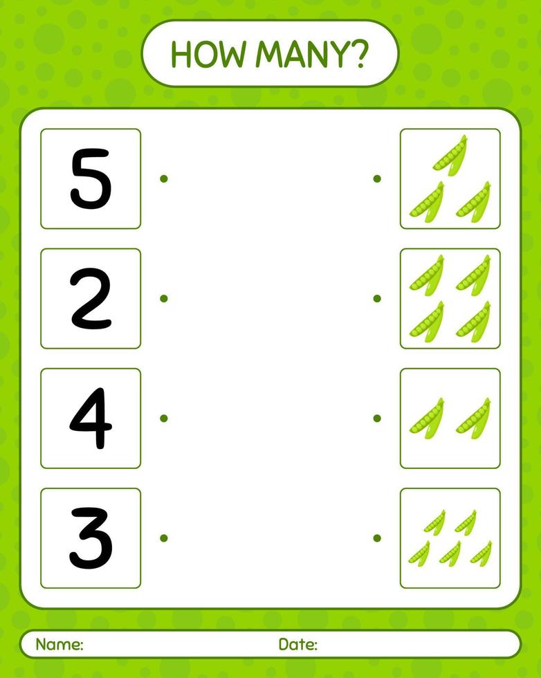 How many counting game with peas. worksheet for preschool kids, kids activity sheet, printable worksheet vector