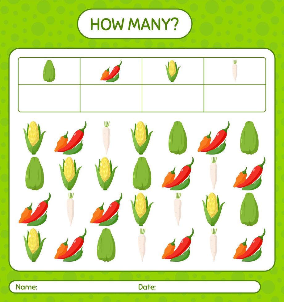 How many counting game with vegetables. worksheet for preschool kids, kids activity sheet, printable worksheet vector