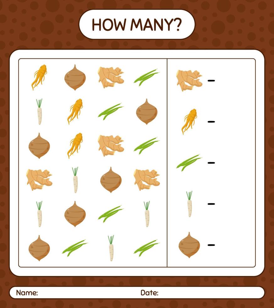 How many counting game with vegetables. worksheet for preschool kids, kids activity sheet, printable worksheet vector