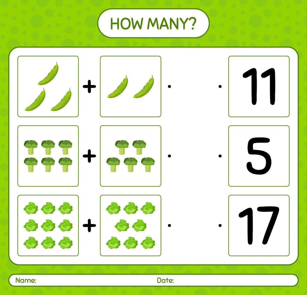 How many counting game with vegetables. worksheet for preschool kids, kids activity sheet, printable worksheet vector