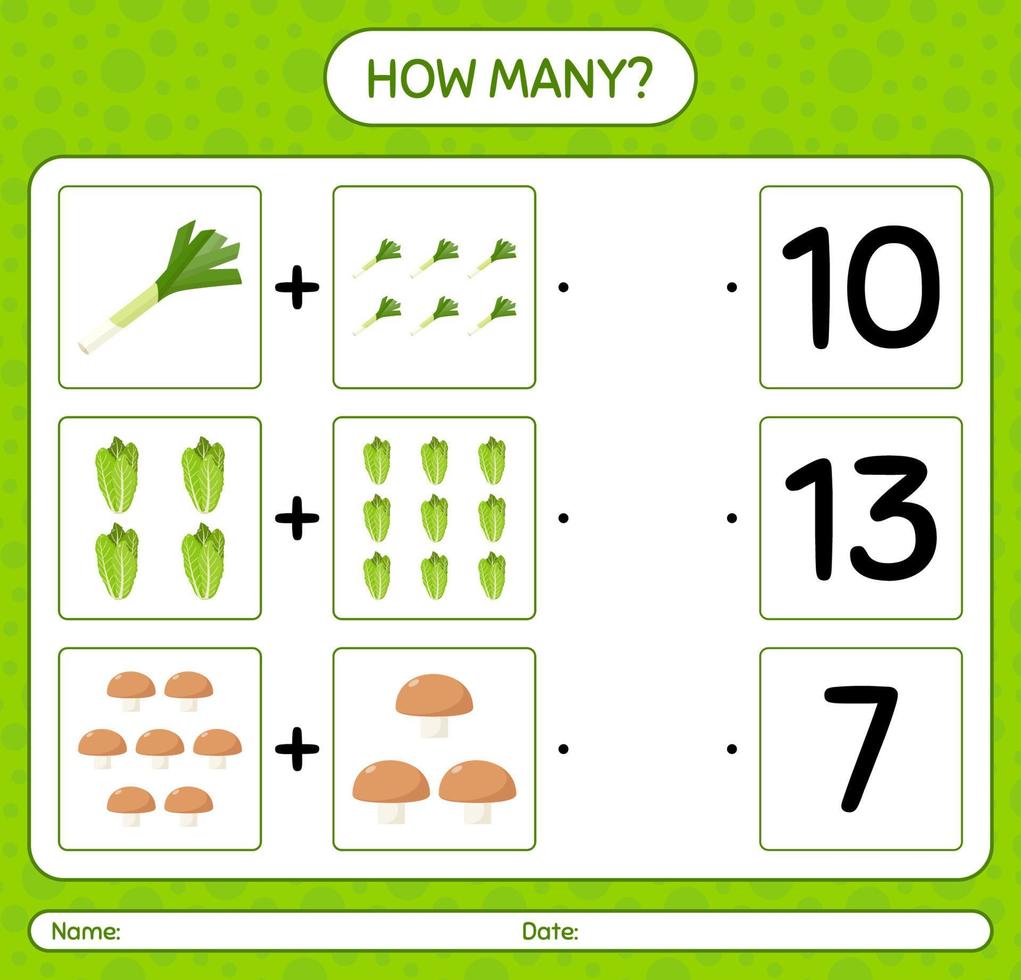 How many counting game with vegetables. worksheet for preschool kids, kids activity sheet, printable worksheet vector