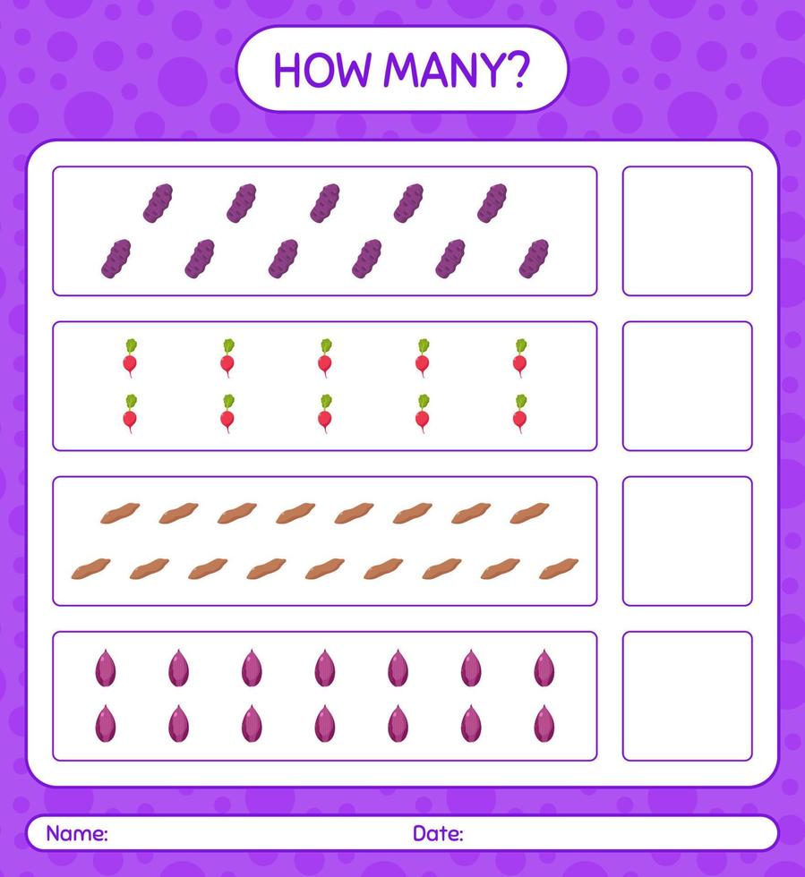 How many counting game with vegetables. worksheet for preschool kids, kids activity sheet, printable worksheet vector