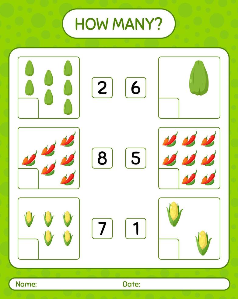 How many counting game with vegetables. worksheet for preschool kids, kids activity sheet, printable worksheet vector