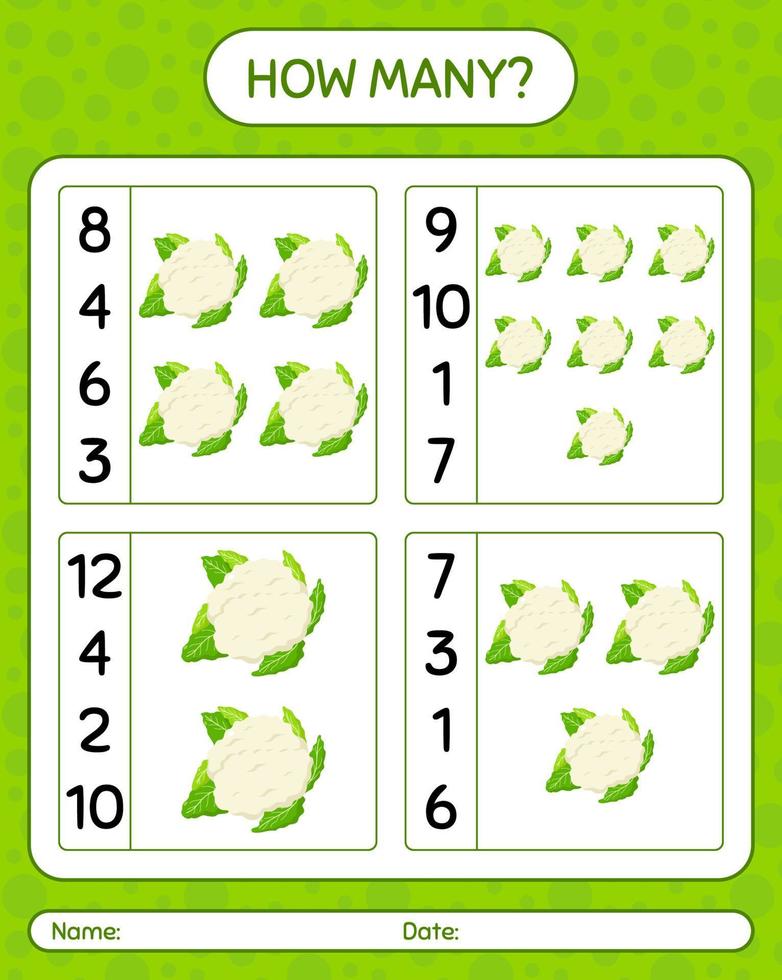 How many counting game with cauliflower. worksheet for preschool kids, kids activity sheet, printable worksheet vector
