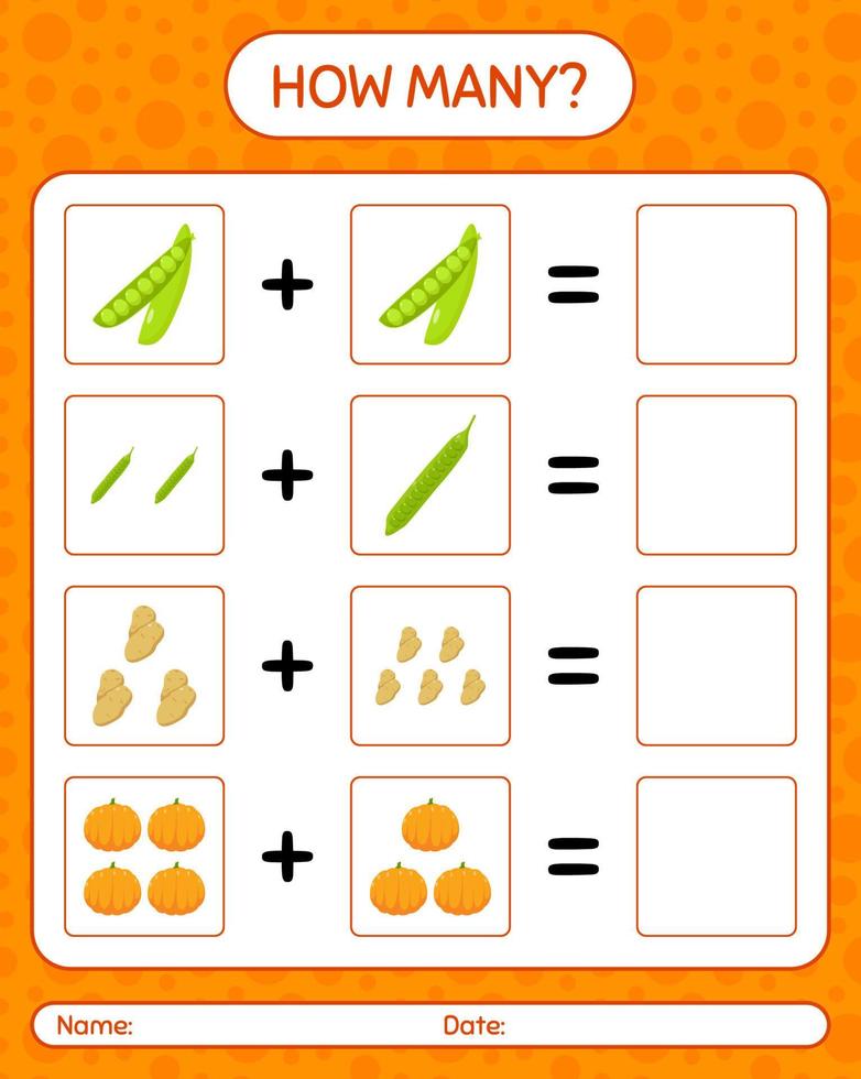 How many counting game with vegetables. worksheet for preschool kids, kids activity sheet, printable worksheet vector