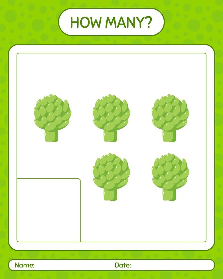 How many counting game with artichoke. worksheet for preschool kids, kids activity sheet, printable worksheet vector