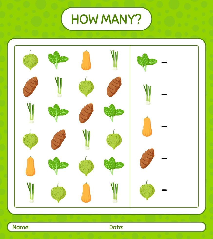 How many counting game with vegetables. worksheet for preschool kids, kids activity sheet, printable worksheet vector