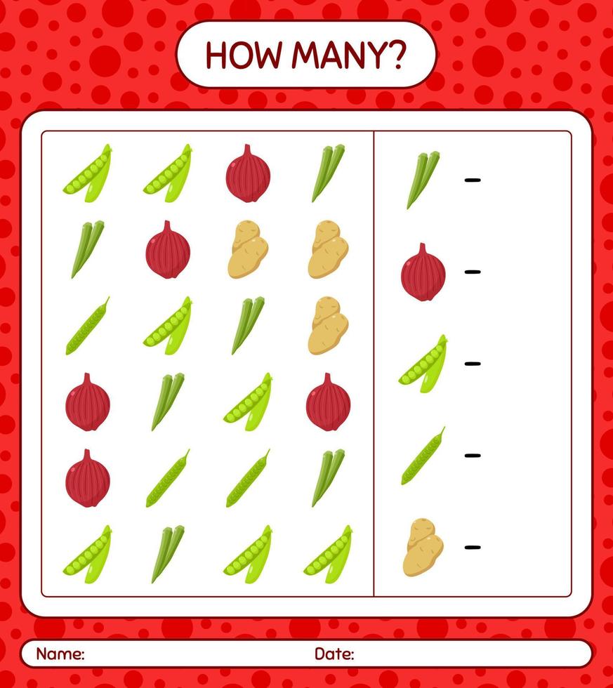 How many counting game with vegetables. worksheet for preschool kids, kids activity sheet, printable worksheet vector