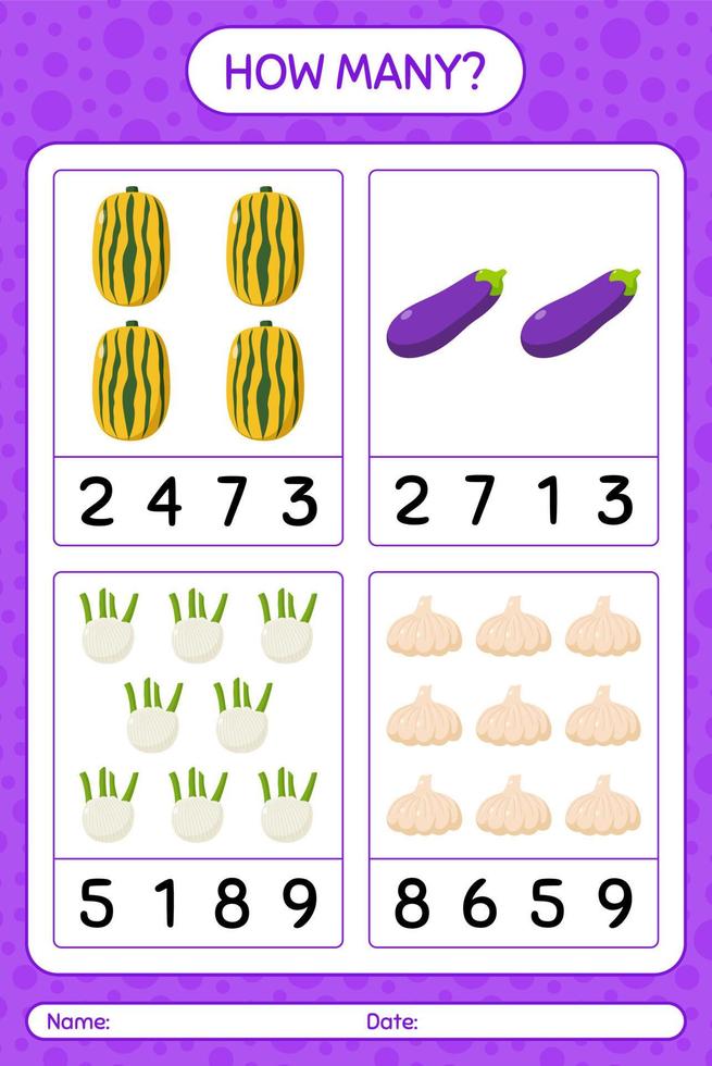 How many counting game with vegetables. worksheet for preschool kids, kids activity sheet, printable worksheet vector