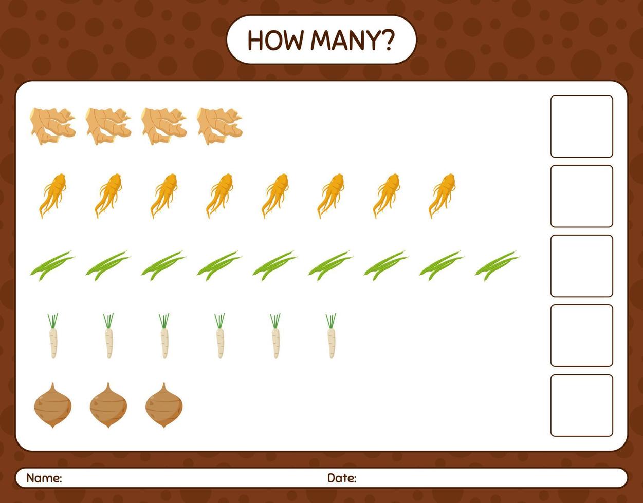 How many counting game with vegetables. worksheet for preschool kids, kids activity sheet, printable worksheet vector