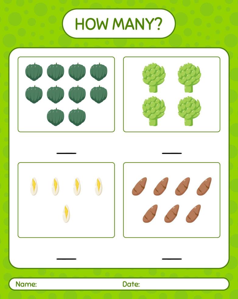 How many counting game with vegetables. worksheet for preschool kids, kids activity sheet, printable worksheet vector