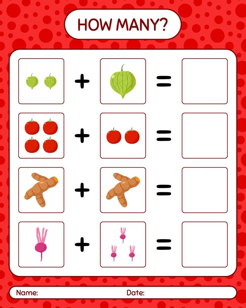 How many counting game with vegetables. worksheet for preschool kids, kids activity sheet, printable worksheet vector