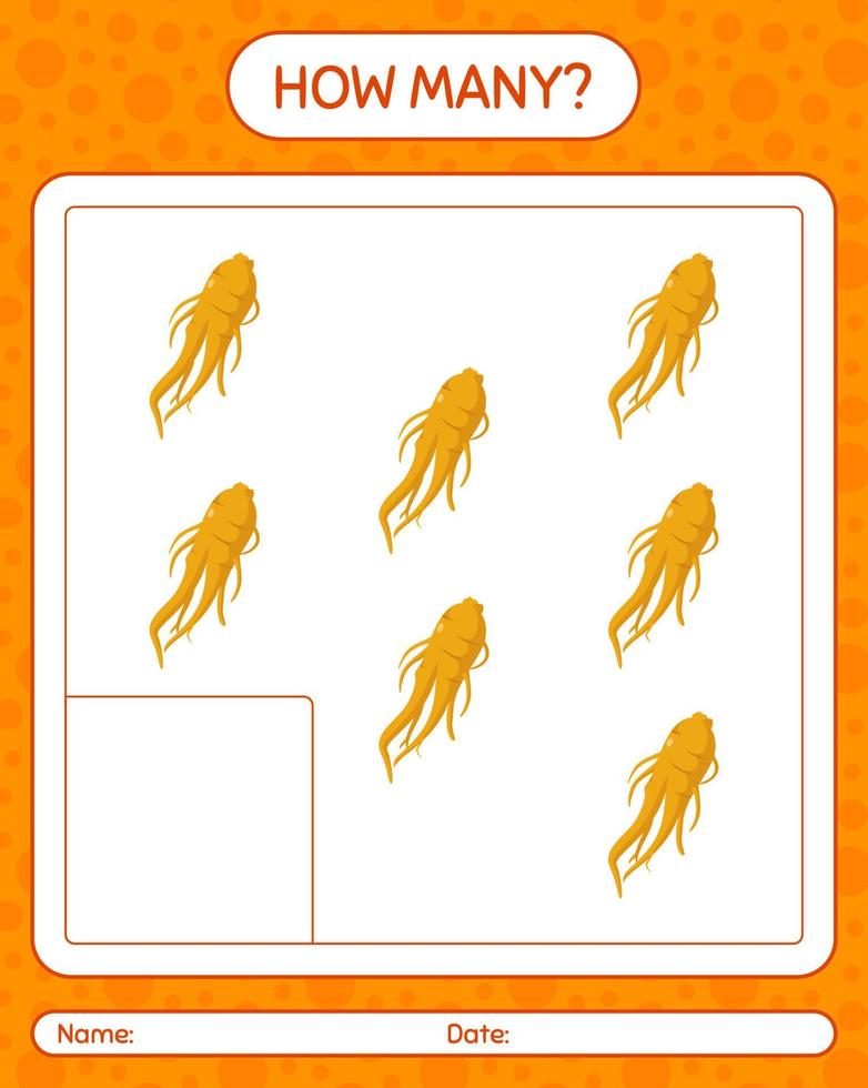 How many counting game with ginseng. worksheet for preschool kids, kids activity sheet, printable worksheet vector