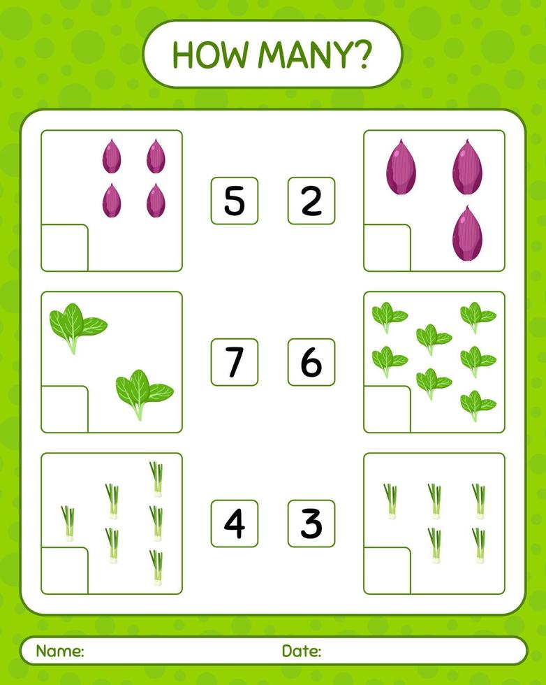 How many counting game with vegetables. worksheet for preschool kids, kids activity sheet, printable worksheet vector