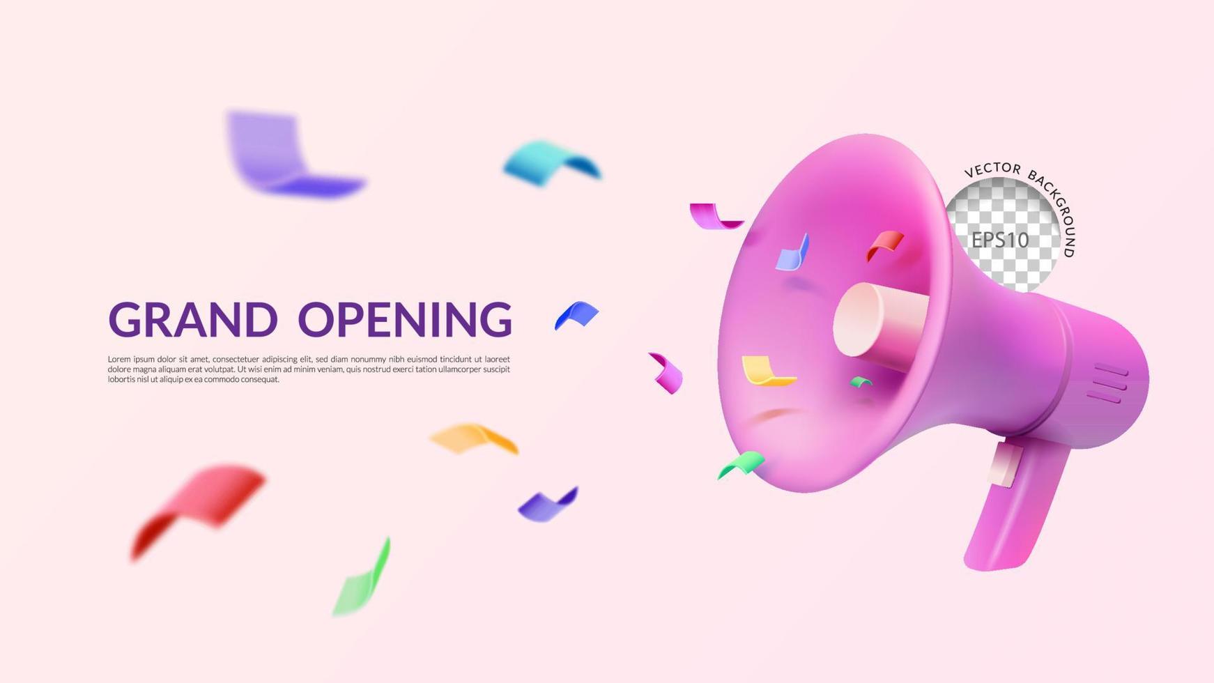 Grand opening banner, 3D pink megaphone with confetti, Vector illustration