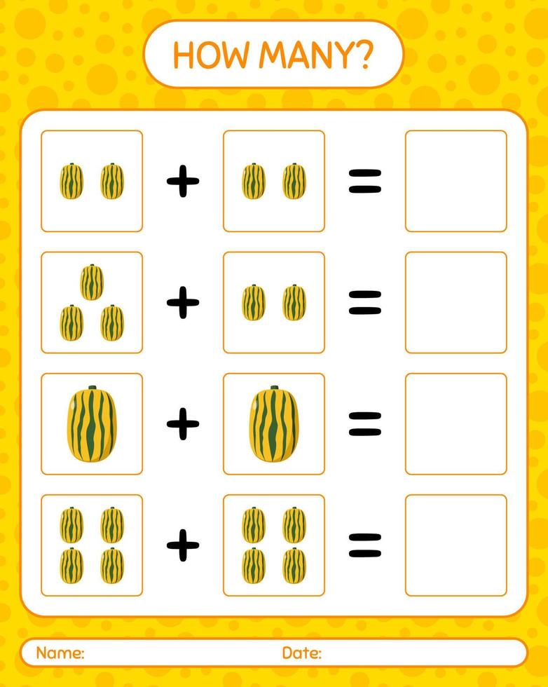 How many counting game with delicata squash. worksheet for preschool kids, kids activity sheet, printable worksheet vector