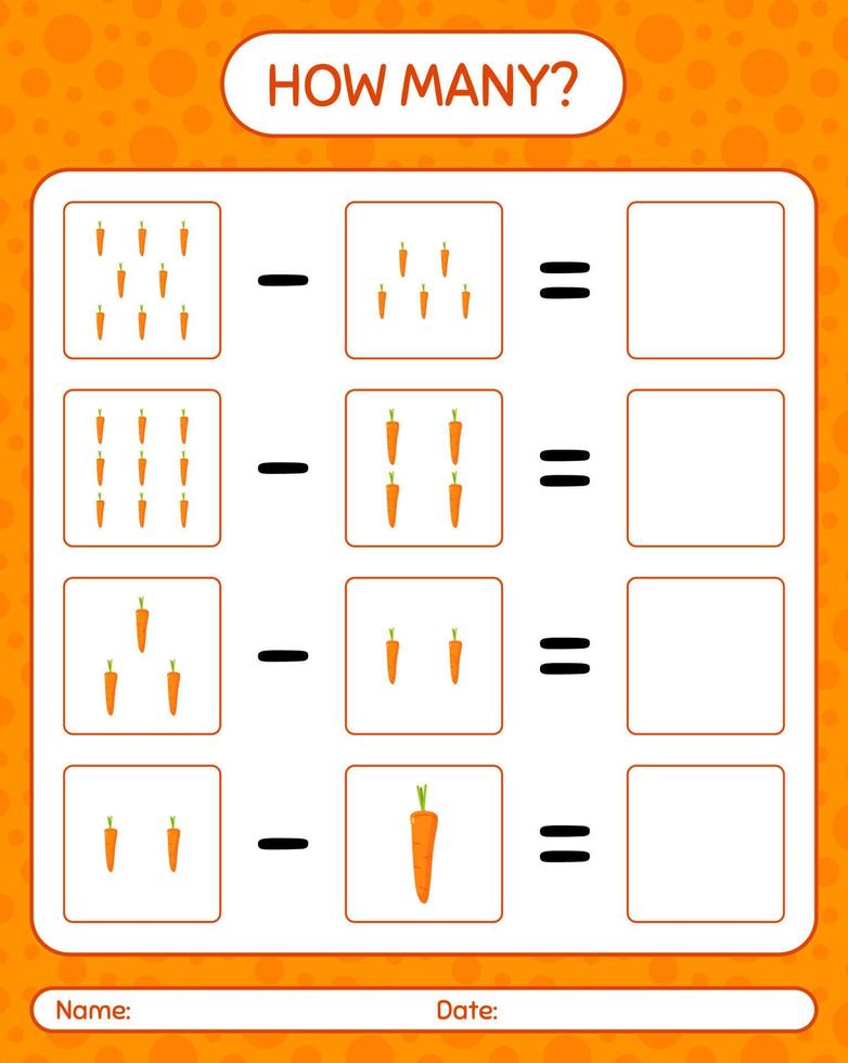 How many counting game with carrot. worksheet for preschool kids, kids activity sheet, printable worksheet vector