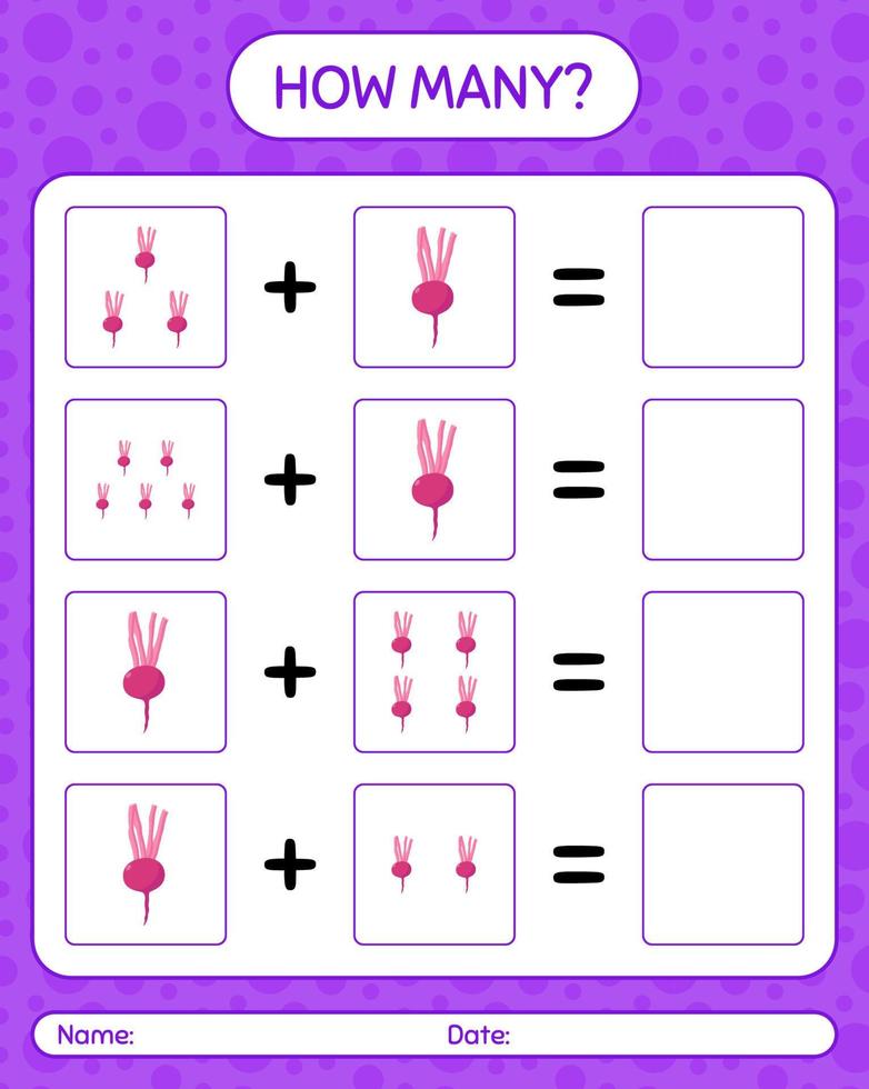 How many counting game with turnip. worksheet for preschool kids, kids activity sheet, printable worksheet vector