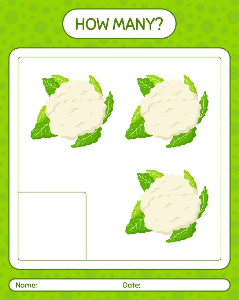 How many counting game with cauliflower. worksheet for preschool kids, kids activity sheet, printable worksheet vector
