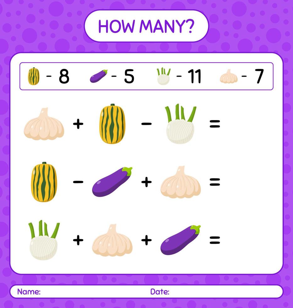 How many counting game with vegetables. worksheet for preschool kids, kids activity sheet, printable worksheet vector