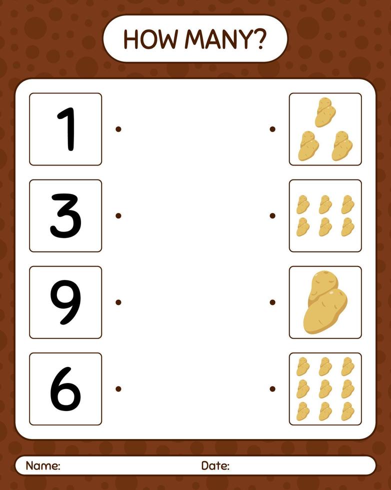 How many counting game with potato. worksheet for preschool kids, kids activity sheet, printable worksheet vector