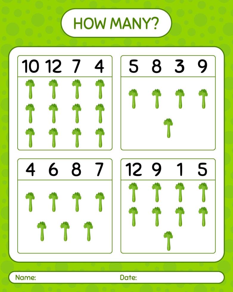 How many counting game with celery. worksheet for preschool kids, kids activity sheet, printable worksheet vector