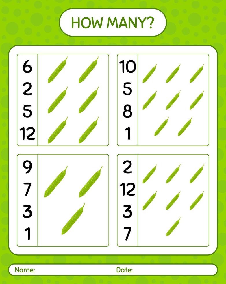 How many counting game with petai. worksheet for preschool kids, kids activity sheet, printable worksheet vector