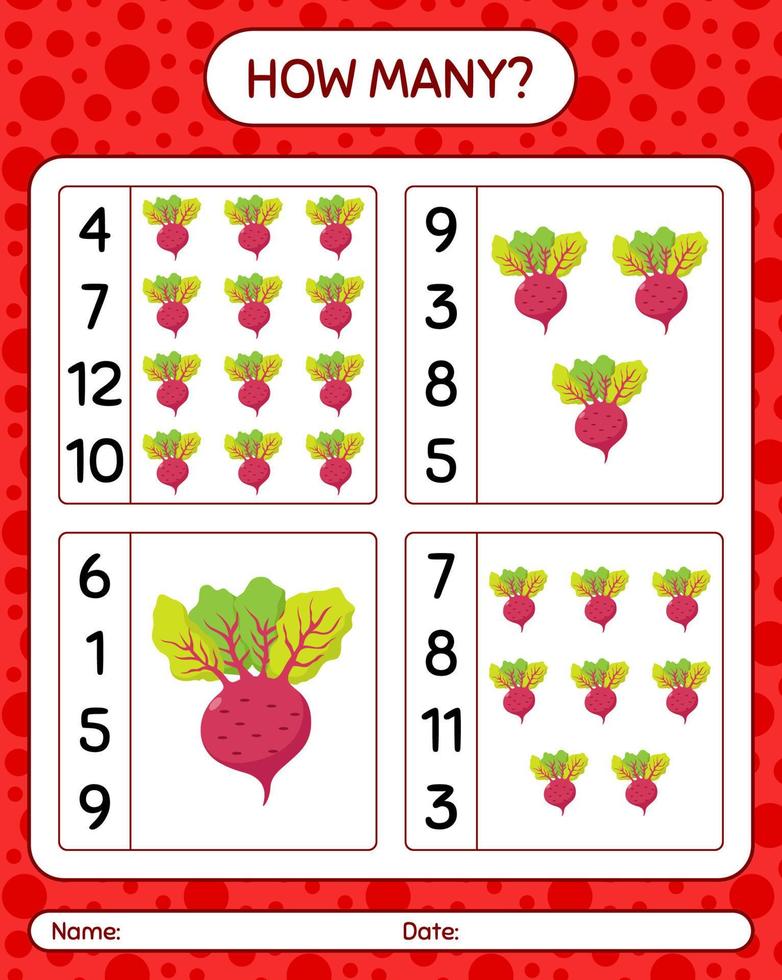 How many counting game with beet root. worksheet for preschool kids, kids activity sheet, printable worksheet vector