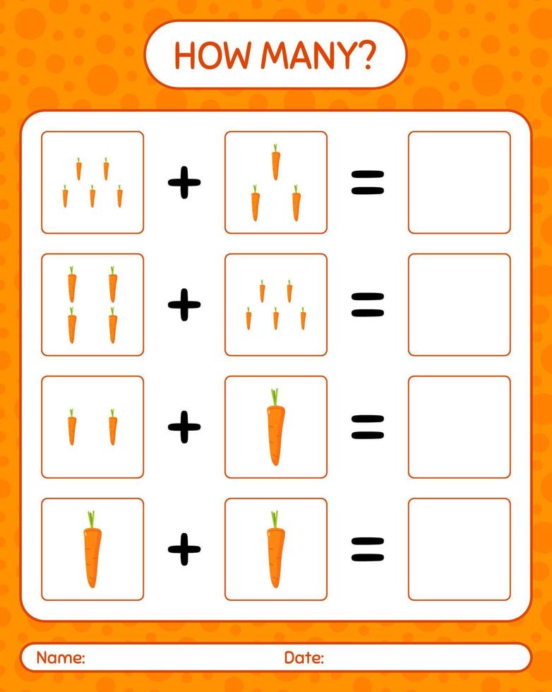 How many counting game with carrot. worksheet for preschool kids, kids activity sheet, printable worksheet vector