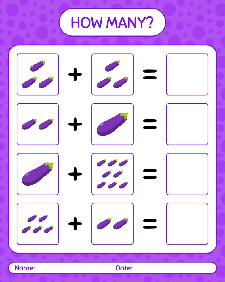 How many counting game with eggplant. worksheet for preschool kids, kids activity sheet, printable worksheet vector