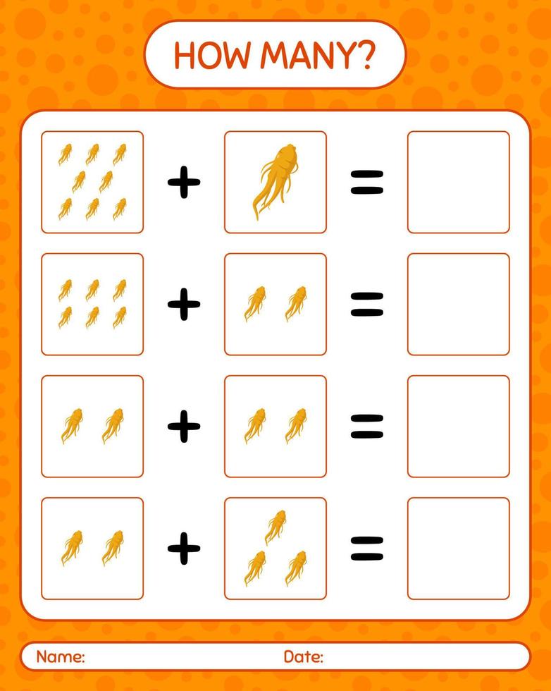 How many counting game with ginseng. worksheet for preschool kids, kids activity sheet, printable worksheet vector