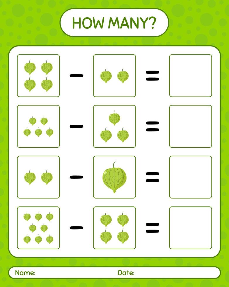 How many counting game with tomatillo. worksheet for preschool kids, kids activity sheet, printable worksheet vector