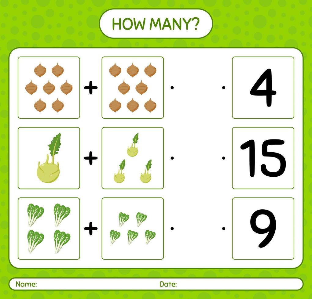 How many counting game with vegetables. worksheet for preschool kids, kids activity sheet, printable worksheet vector